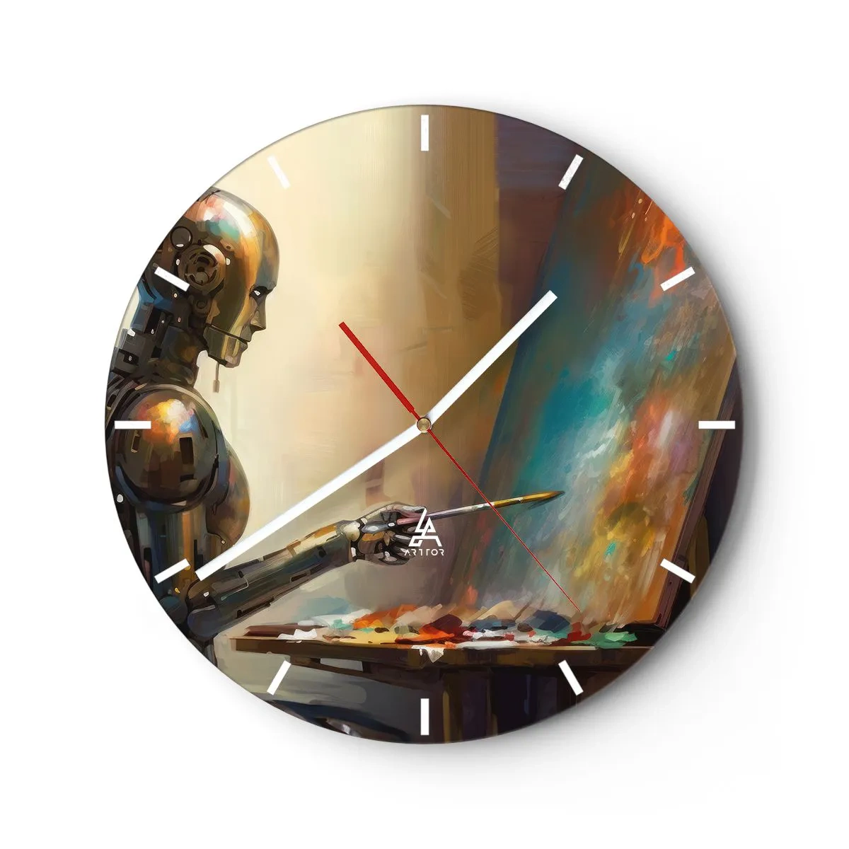 Zegar ścienny - Robot malujący obraz na sztaludze - 30x30cm - Sztuka przyszłości - Nowoczesna dekoracja ścienna do salonu, kuchni i sypialni ARTTOR