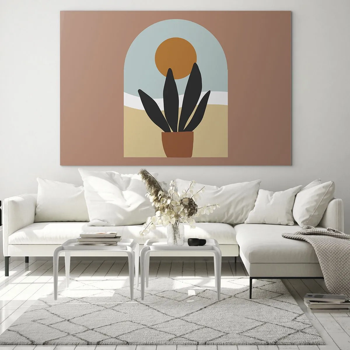 Obraz na szkle - Abstrakcyjna scena z rośliną w doniczce i słońcem w tle, w pastelowych kolorach - 70x50cm - Drobne radości - Nowoczesna dekoracja ścienna do salonu i sypialni ARTTOR