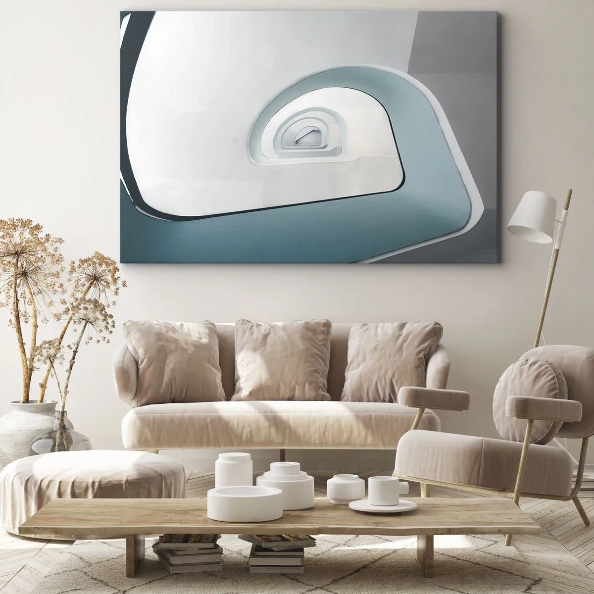 Obraz na płótnie - Minimalistyczna architektura z zaokrąglonymi liniami - 120x80cm - Do dna błękitu - Nowoczesna dekoracja ścienna do salonu, kuchni i sypialni ARTTOR