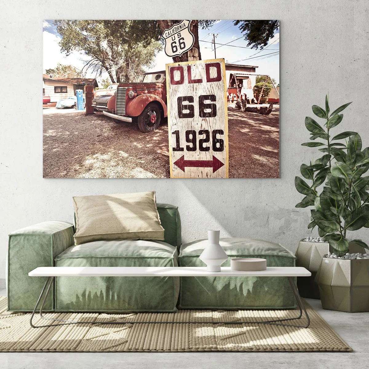 Obraz na szkle - Oldtimer i znak Route 66 w stylu retro - 120x80cm - Legenda amerykanskiej prowincji - Nowoczesna dekoracja ścienna do salonu, kuchni i sypialni ARTTOR