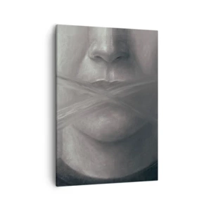 Obraz na płótnie - Portret z zamazanymi ustami w odcieniach szarości - 50x70cm - Ani słowa - Nowoczesna dekoracja ścienna do salonu, kuchni i sypialni ARTTOR