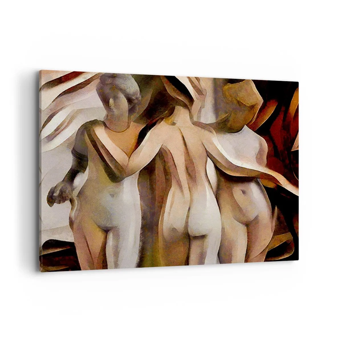 Obraz na płótnie - Abstrakcyjna scena z trzema postaciami w ciepłych barwach - 100x70cm - Trzy Gracje 2.0 - Nowoczesna dekoracja ścienna do salonu, kuchni i sypialni ARTTOR