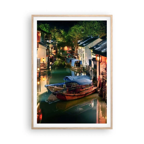Plakat w ramie jasny dąb - Wieczór na chińskiej ulicy - 70x100 cm