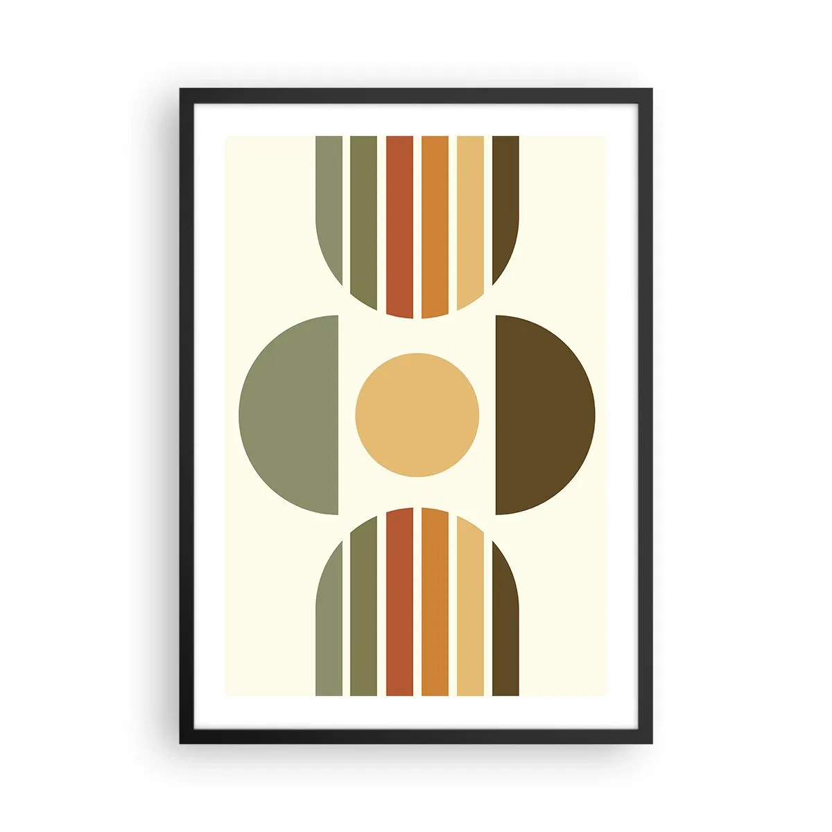 Plakat w czarnej ramie - Abstrakcyjny geometryczny wzór w odcieniach ziemi z kołem i półkolami - 50x70cm - W kolorach ziemi - Nowoczesna dekoracja ścienna do salonu i sypialni ARTTOR