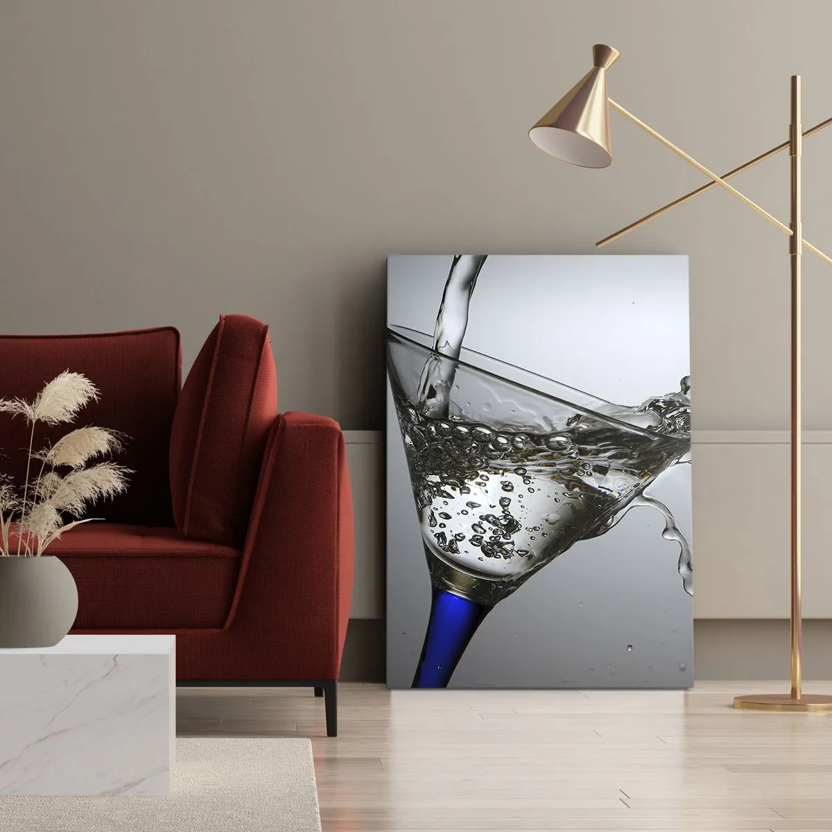 Obraz na płótnie - Szklanka z wodą w ruchu na jasnym tle - 70x100cm - Krystaliczna woda w kryształowym szkle - Nowoczesna dekoracja ścienna do salonu i sypialni ARTTOR
