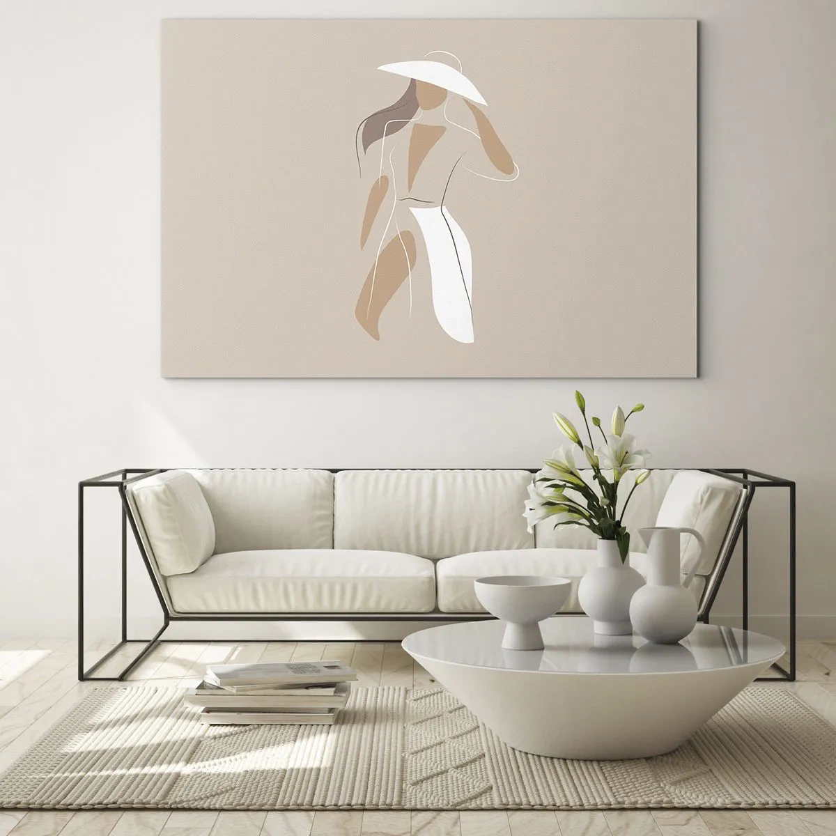 Obraz na szkle - Stylizowana postać kobiety w białym kapeluszu - 70x50cm - Moda to zabawa - Nowoczesna dekoracja ścienna do salonu i sypialni ARTTOR