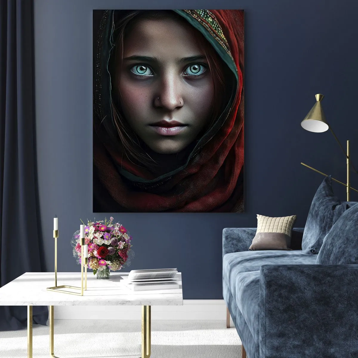 Obraz na szkle - Portret kobiety z intensywnym spojrzeniem w ciepłych barwach - 80x120cm - Wschodnia księżniczka - Nowoczesna dekoracja ścienna do salonu i sypialni ARTTOR