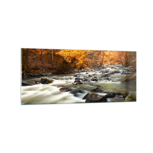 Obraz na szkle - Strumień w jesiennym lesie otoczony złotymi liśćmi - 120x50cm - Potok w złotym lesie - Nowoczesna dekoracja ścienna do salonu i sypialni ARTTOR