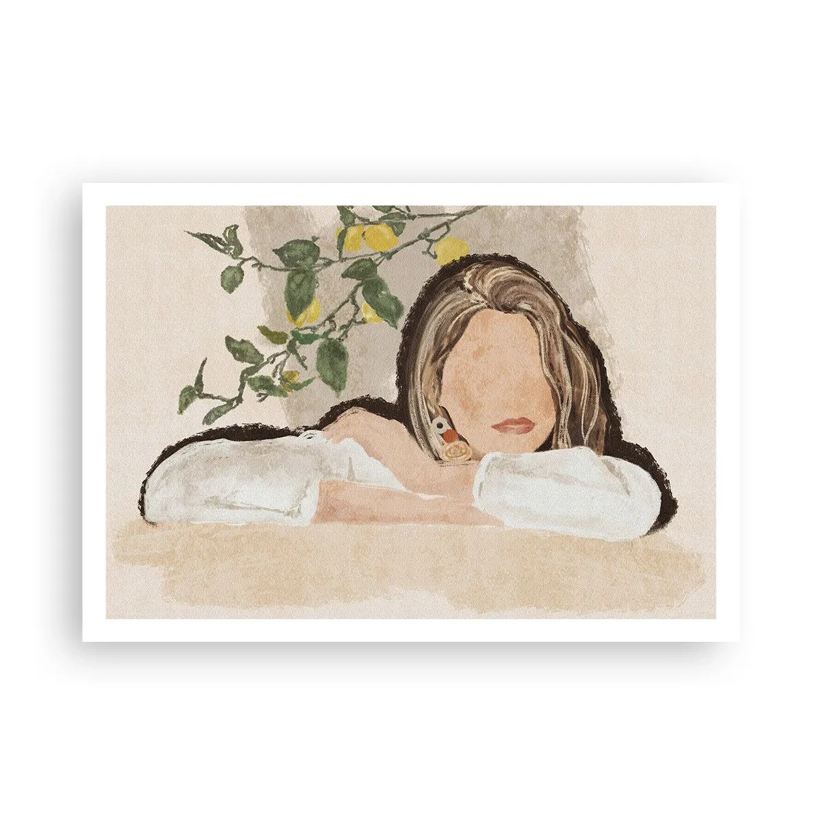 Plakat - Postać kobiety na tle cytrynowego drzewa - 100x70cm - Piękność południa - Nowoczesna dekoracja ścienna do salonu i sypialni ARTTOR
