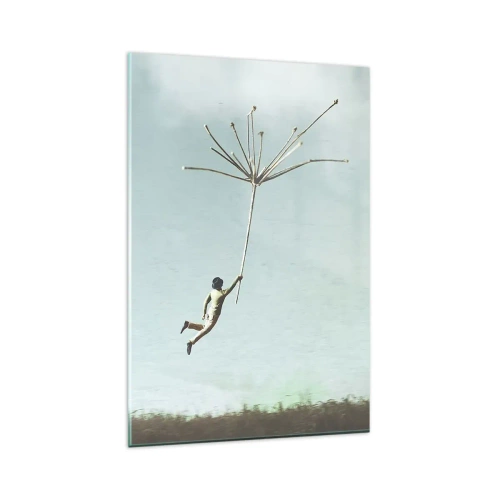 Obraz na szkle - Postać unoszona przez duży nasion dmuchawca - 80x120cm - Latawce, dmuchawce, wiatr - Nowoczesna dekoracja ścienna do salonu i sypialni ARTTOR