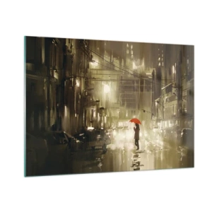 Obraz na szkle - Osoba z czerwonym parasolem w deszczowym świetle miasta nocą - 100x70cm - Sama, ale nie samotna - Nowoczesna dekoracja ścienna do salonu, kuchni i sypialni ARTTOR