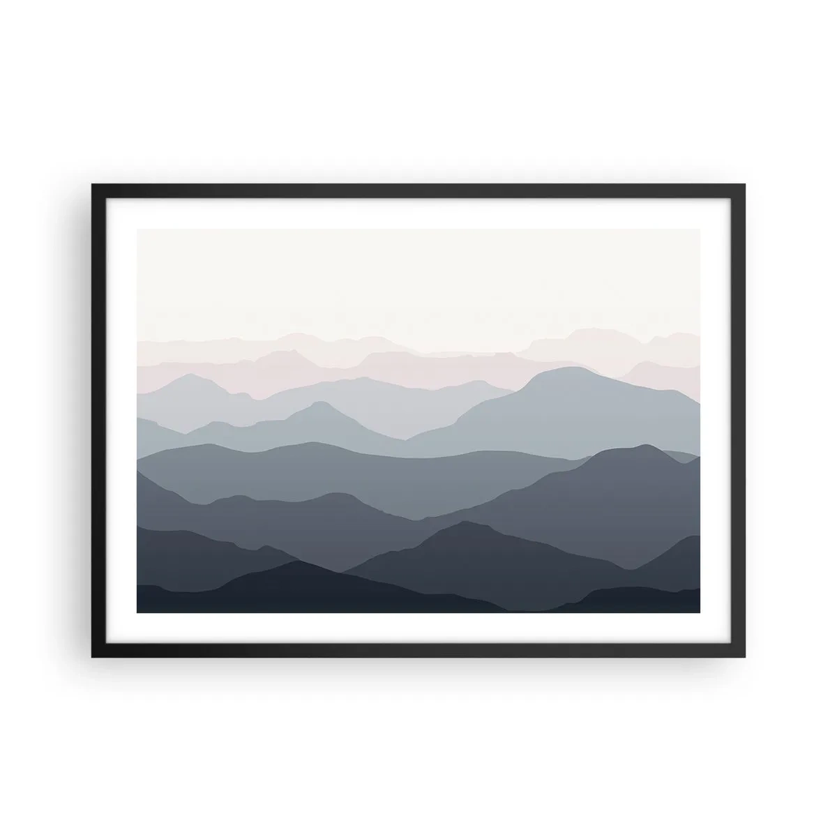 Plakat w czarnej ramie - Subtelne warstwy gór w odcieniach szarości i błękitu - 70x50cm - Fale gór - Nowoczesna dekoracja ścienna do salonu i sypialni ARTTOR