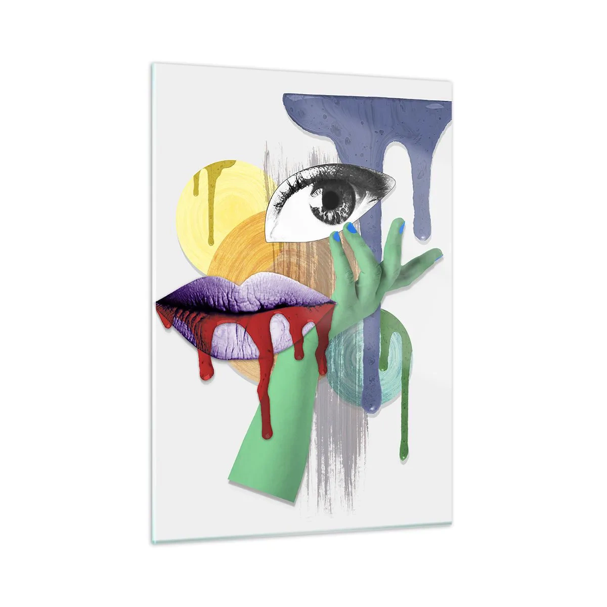Obraz na szkle - Abstrakcyjna kompozycja z okiem, ustami i kolorami - 50x70cm - Portret zdekonstruowany - Nowoczesna dekoracja ścienna do salonu, kuchni i sypialni ARTTOR