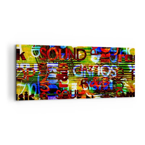 Obraz na płótnie - Kolorowa abstrakcja z napisami muzycznymi w stylu pop-art - 120x50cm - Wszystkie barwy dźwięku - Nowoczesna dekoracja ścienna do salonu i sypialni ARTTOR