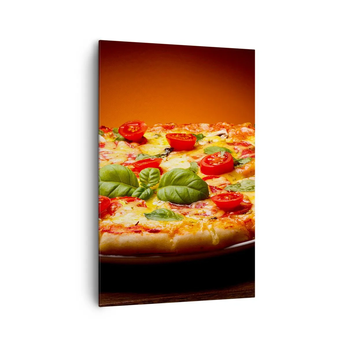 Obraz na płótnie - Pizza z pomidorami i bazylią na drewnianym stole - 80x120cm - Mamma mia! - Nowoczesna dekoracja ścienna do salonu i sypialni ARTTOR