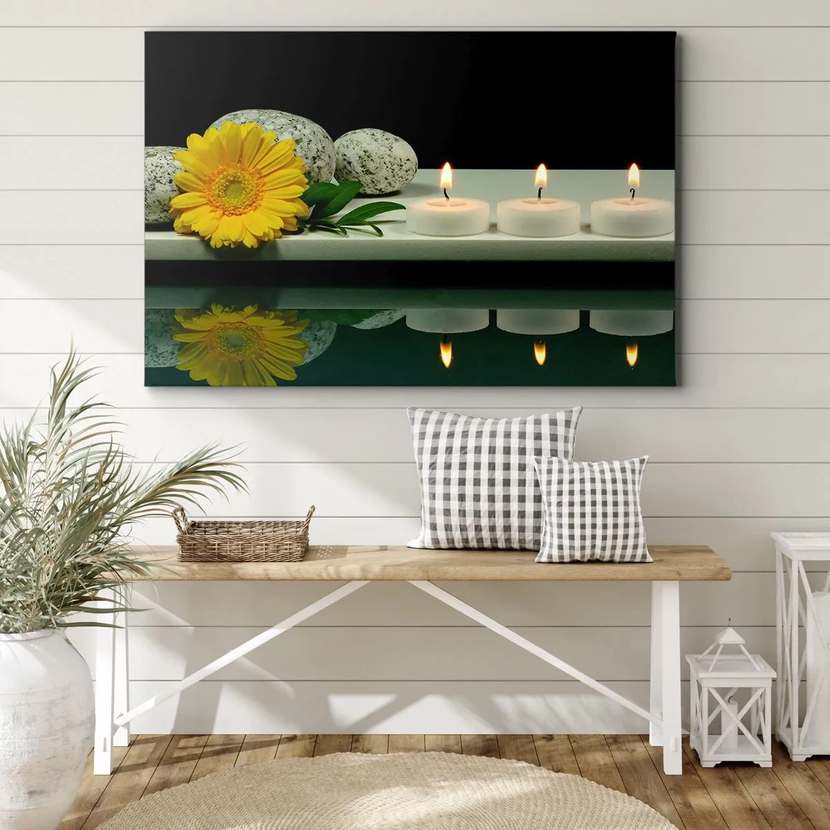 Obraz na płótnie - Żółty kwiat, świece i kamienie na tle wody - 70x50cm - Ukojenie zmysłów - Nowoczesna dekoracja ścienna do salonu i sypialni ARTTOR