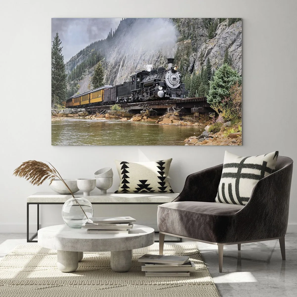 Obraz na szkle - Parowóz na moście w górach - 70x50cm - A dokąd to? Dokąd? - Nowoczesna dekoracja ścienna do salonu i sypialni ARTTOR
