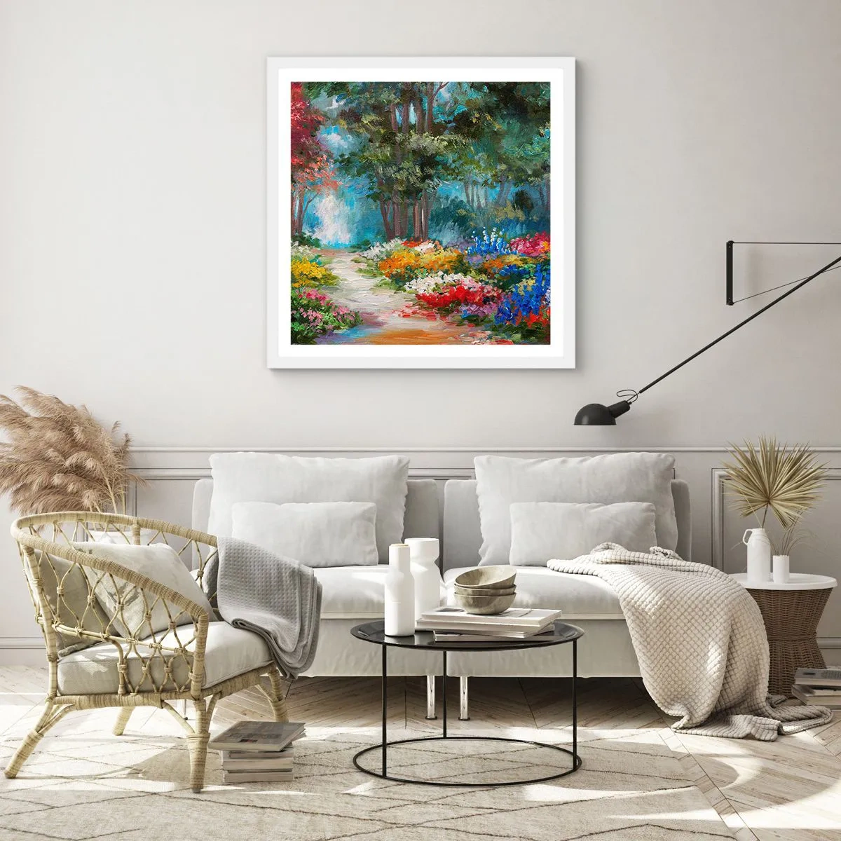 Plakat w białej ramie - Leśny ogród, kwietny las - 30x30 cm
