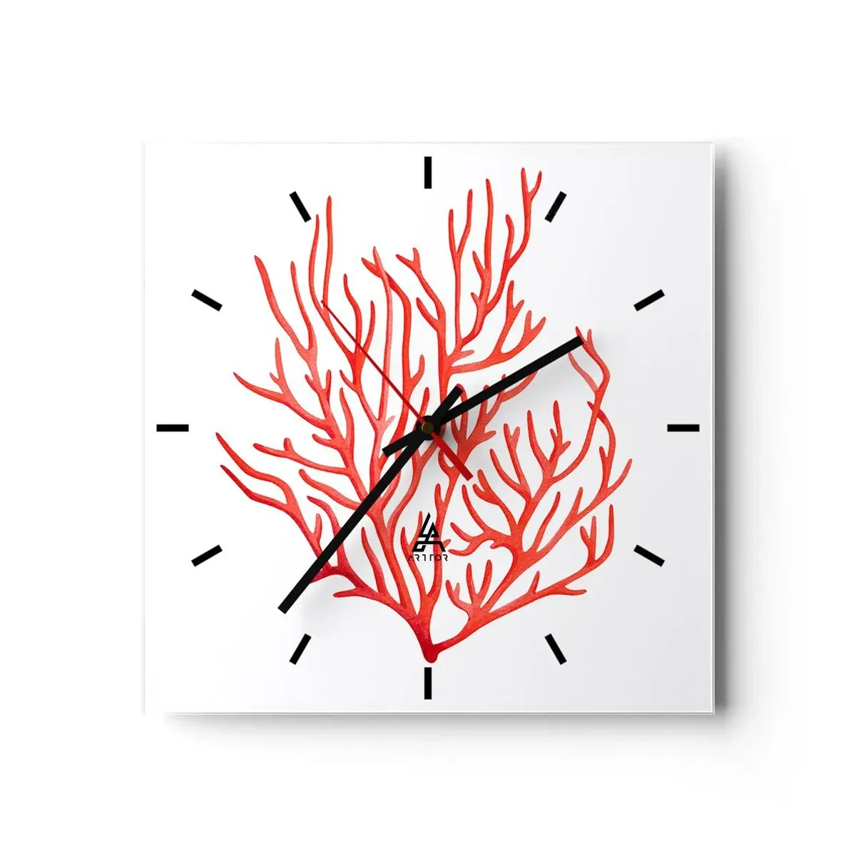 Zegar ścienny - Czerwony koral na białym tle w minimalistycznym stylu - 30x30cm - Koralowy filigran - Nowoczesna dekoracja ścienna do salonu i sypialni ARTTOR
