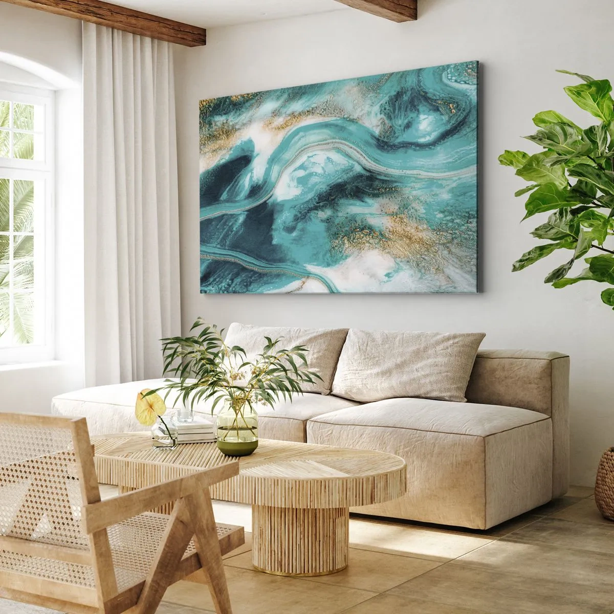 Obraz na płótnie - Turkusowa abstrakcja z białymi i złotymi akcentami - 70x50cm - Rzeka złota - Nowoczesna dekoracja ścienna do salonu i sypialni ARTTOR