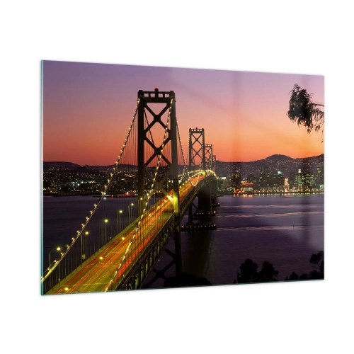 Obraz na szkle - Most nocą w świetle miasta i zachodu - 100x70cm - Wieczór we fiolecie - Nowoczesna dekoracja ścienna do salonu, kuchni i sypialni ARTTOR