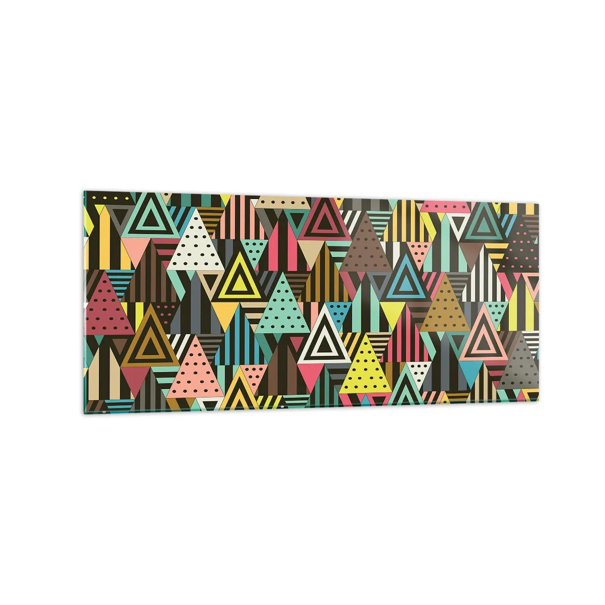 Obraz na szkle - Kolorowy wzór geometryczny z trójkątami i liniami - 120x50cm - W rytmie na trzy - Nowoczesna dekoracja ścienna do salonu i sypialni ARTTOR