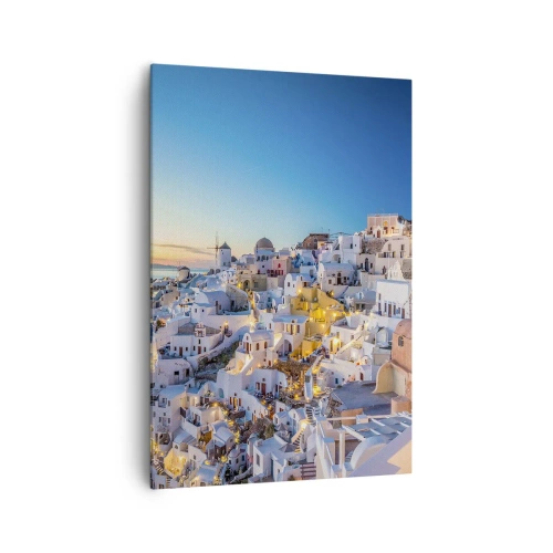 Obraz na płótnie - Widok na greckie miasteczko o zachodzie słońca - 70x100cm - Esencja greckości - Nowoczesna dekoracja ścienna do salonu i sypialni ARTTOR