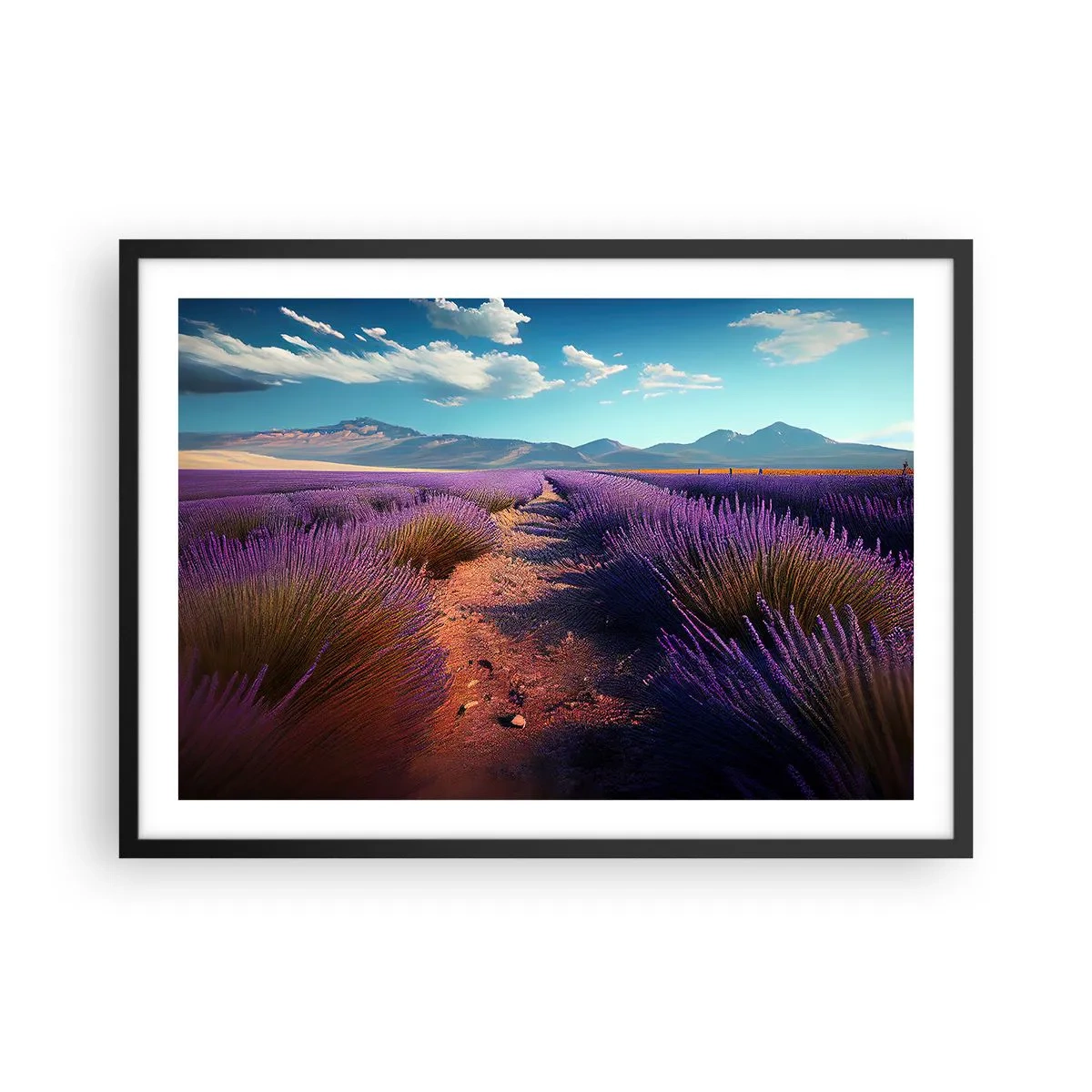 Plakat w czarnej ramie - Lawendowe pole z widokiem na góry i błękitne niebo - 70x50cm - Pachnące pola - Nowoczesna dekoracja ścienna do salonu i sypialni ARTTOR