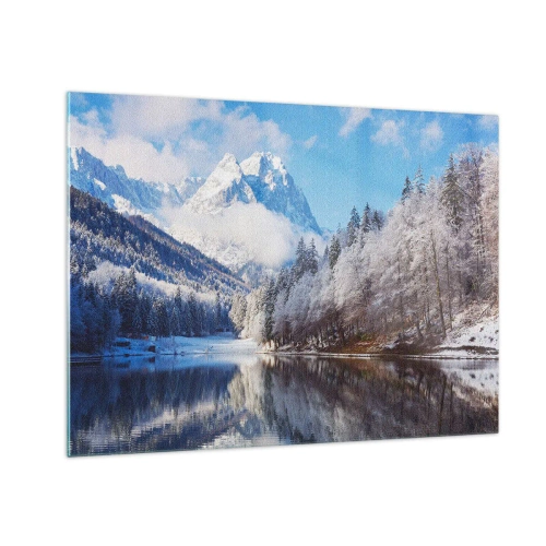 Obraz na szkle - Zimowy krajobraz z górami i zamarzniętym jeziorem - 70x50cm - Śnieżna straż - Nowoczesna dekoracja ścienna do salonu i sypialni ARTTOR