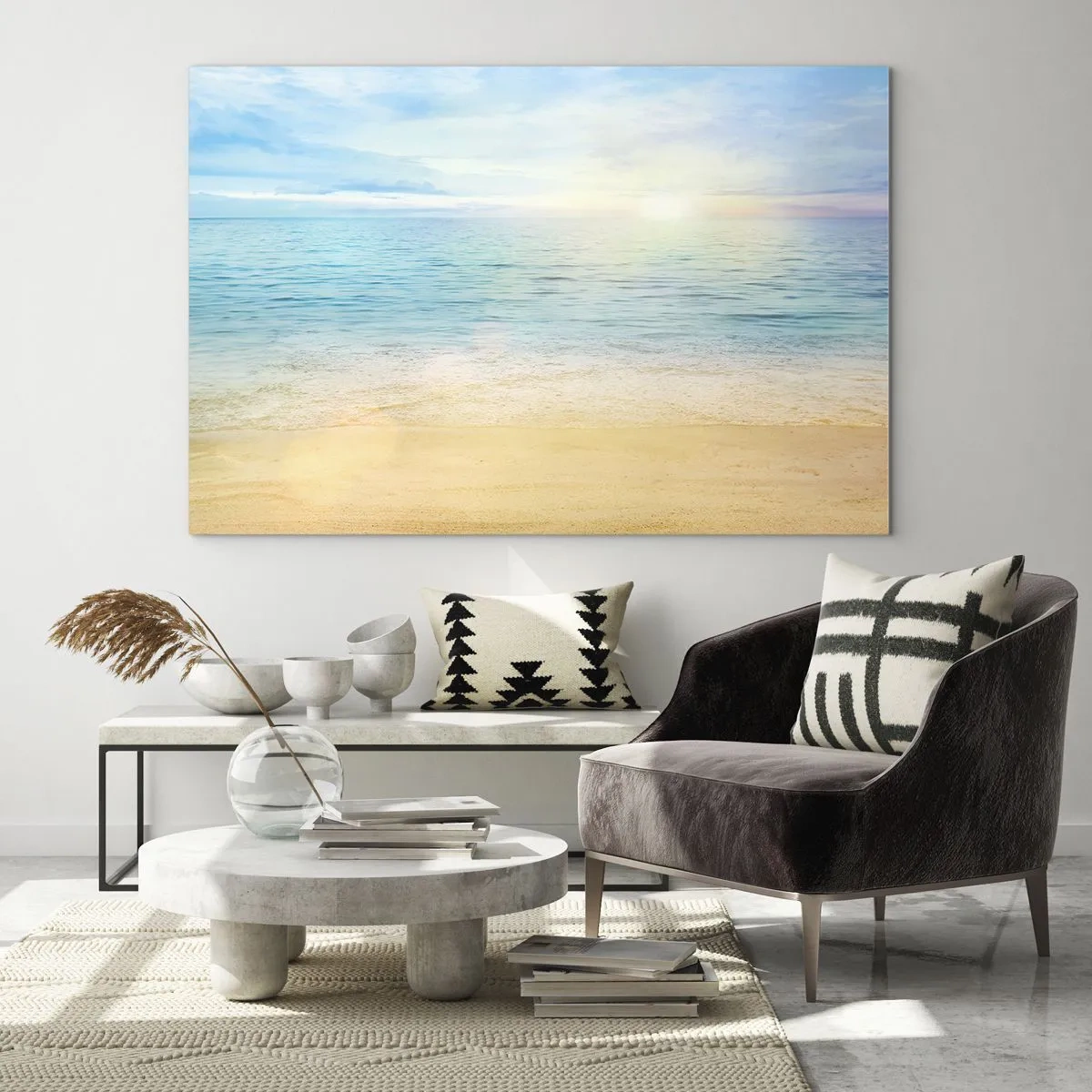 Obraz na szkle - Słoneczna plaża z lazurowym morzem i niebem - 70x50cm - Wielki błękit - Nowoczesna dekoracja ścienna do salonu i sypialni ARTTOR