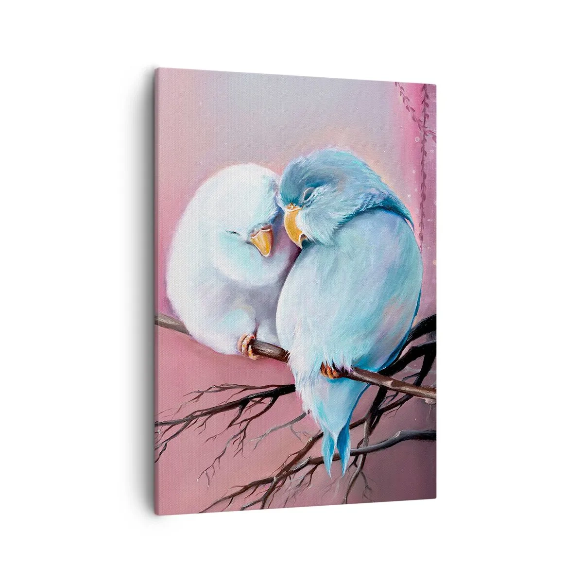 Obraz na płótnie - Dwie papużki siedzące na gałęzi, wtulone w siebie - 50x70cm - Cóż tu dodać?… - Nowoczesna dekoracja ścienna do salonu, kuchni i sypialni ARTTOR