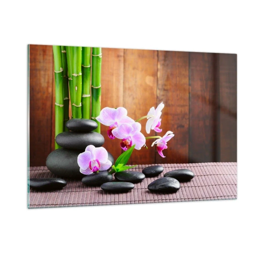 Obraz na szkle - Różowe orchidee, bambus i czarne kamienie na tle drewnianej ściany - 120x80cm - Poznaj przyjemności wschodu - Nowoczesna dekoracja ścienna do salonu, kuchni i sypialni ARTTOR
