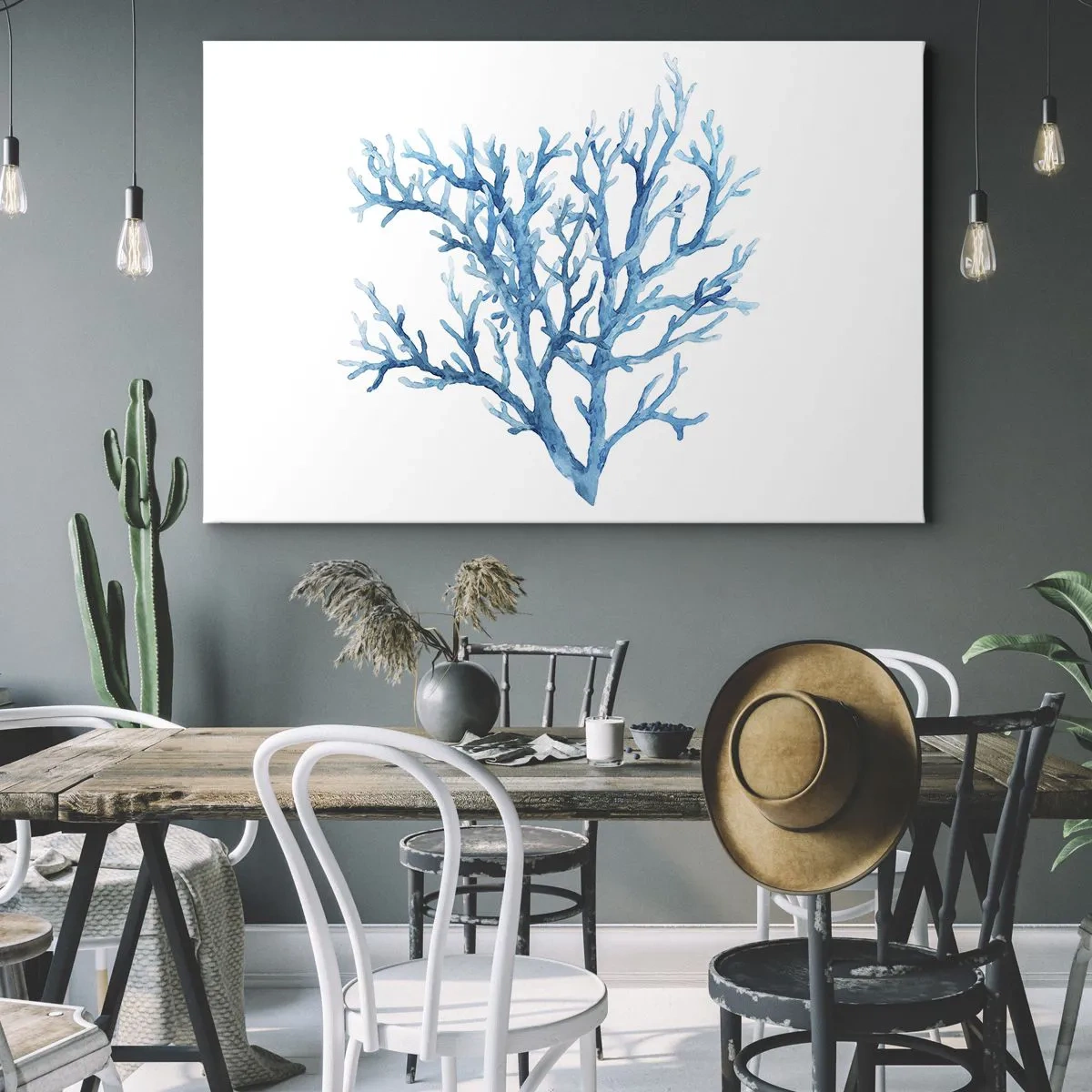Obraz na płótnie - Błękitny koral na białym tle o minimalistycznym charakterze - 70x50cm - Morski filigran - Nowoczesna dekoracja ścienna do salonu i sypialni ARTTOR