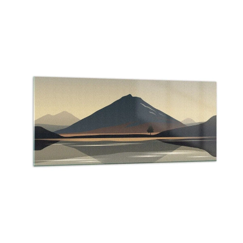Obraz na szkle - Minimalistyczny krajobraz górski z odbiciem w wodzie - 120x50cm - Lustrzane odbicie - Nowoczesna dekoracja ścienna do salonu i sypialni ARTTOR