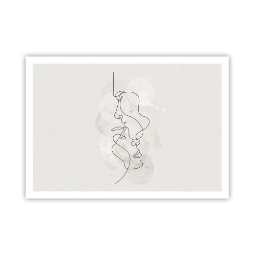 Plakat - Abstrakcyjny kontur dwóch twarzy na jasnym tle - 100x70cm - Splątani w uścisku - Nowoczesna dekoracja ścienna do salonu i sypialni ARTTOR