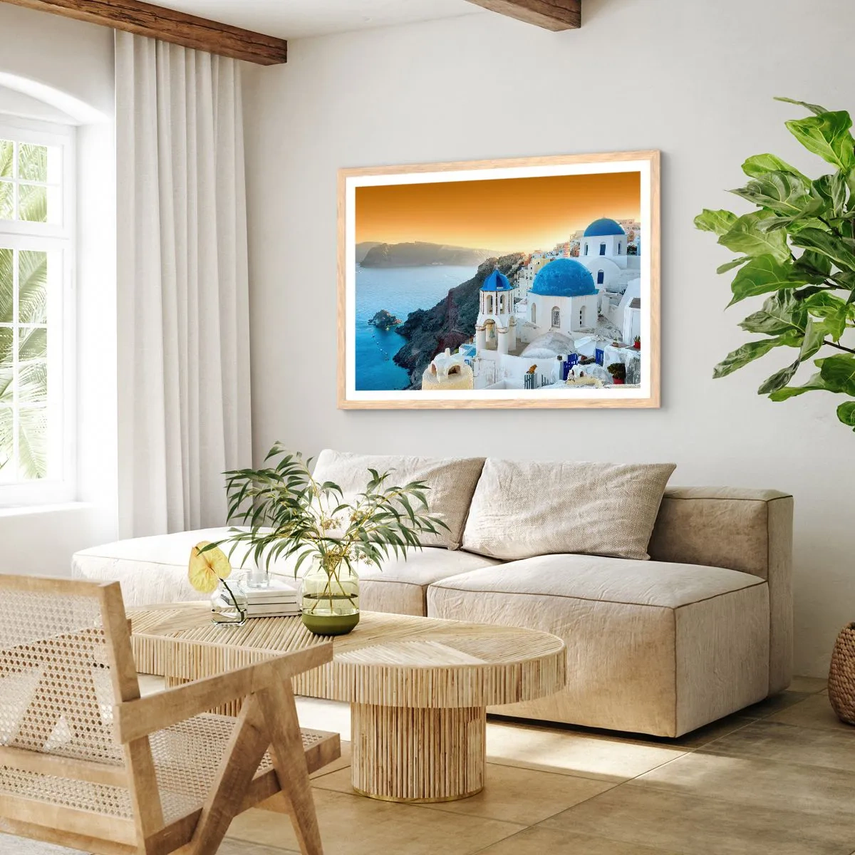 Plakat w ramie jasny dąb - Santorini - przytulone do skał - 100x70 cm