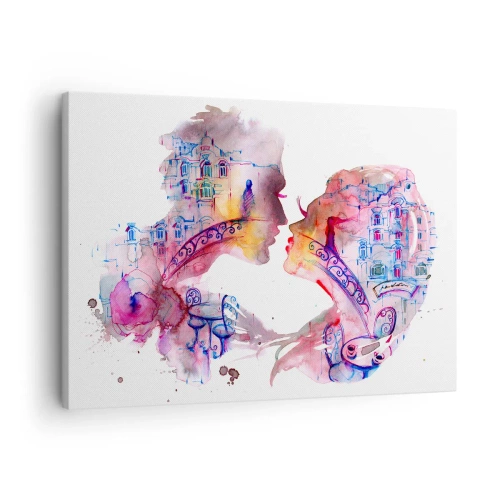 Obraz na płótnie - Romantyczna akwarela przedstawiająca sylwetki zakochanych - 70x50cm - Tajemny most westchnień - Nowoczesna dekoracja ścienna do salonu i sypialni ARTTOR