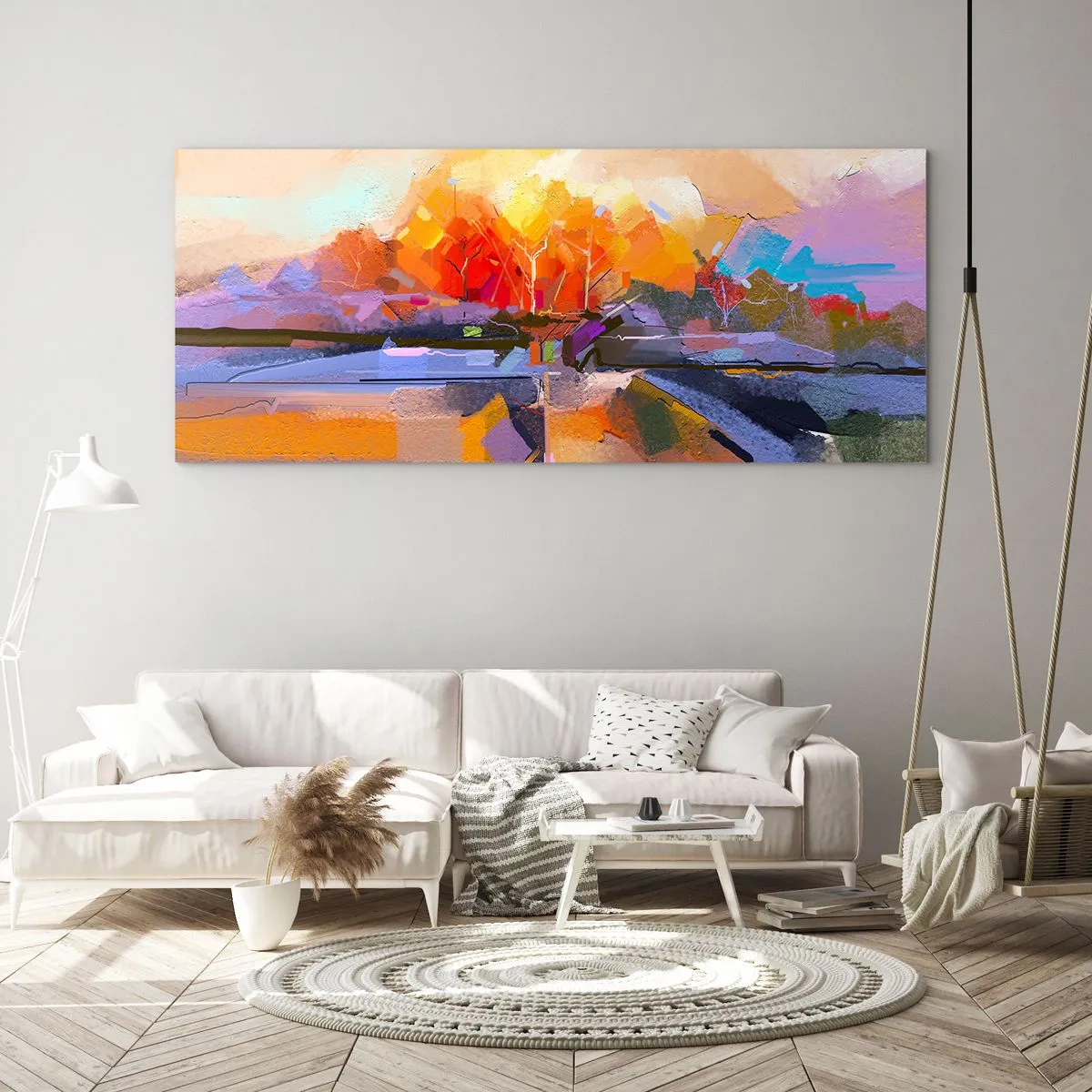 Obraz na szkle - Abstrakcyjny krajobraz z intensywnymi barwami jesieni - 160x50cm - Stała się jesień - Nowoczesna dekoracja ścienna do salonu i sypialni ARTTOR