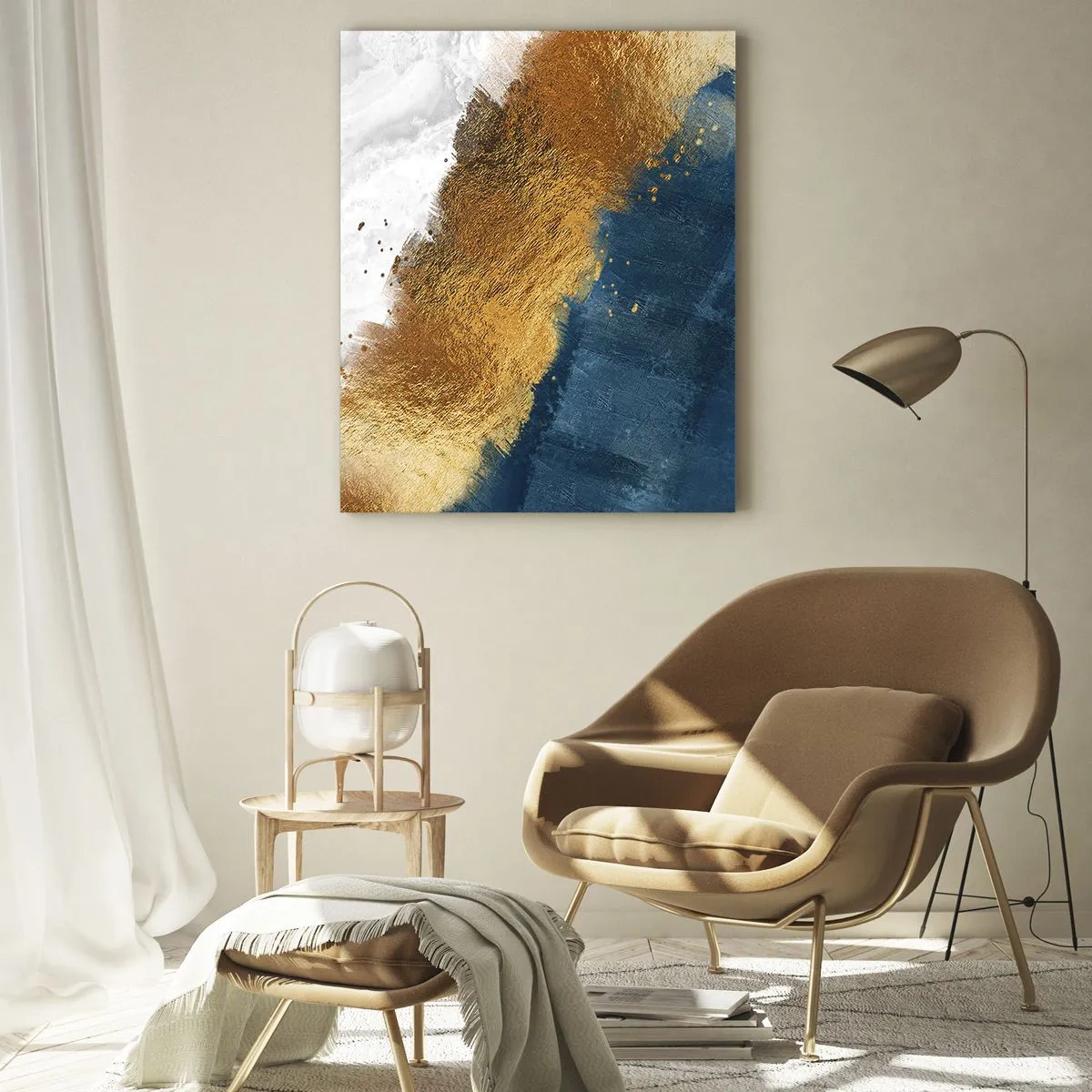 Obraz na szkle - Abstrakcyjna kompozycja w odcieniach złota, błękitu i bieli - 80x120cm - Barwy lata - Nowoczesna dekoracja ścienna do salonu i sypialni ARTTOR