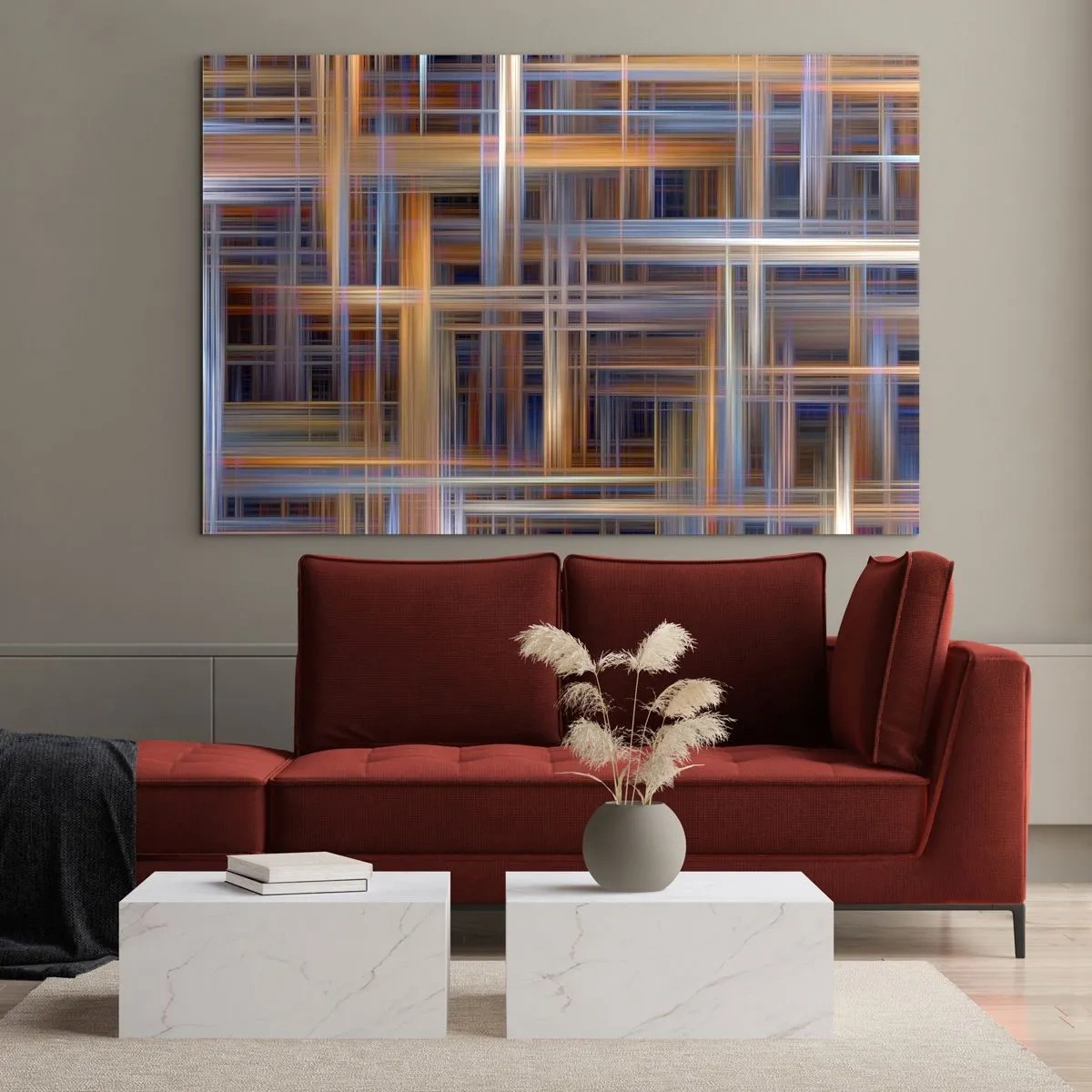 Obraz na szkle - Geometryczny wzór linii i kolorów w stylu abstrakcyjnym - 70x50cm - Utkane ze światła - Nowoczesna dekoracja ścienna do salonu i sypialni ARTTOR