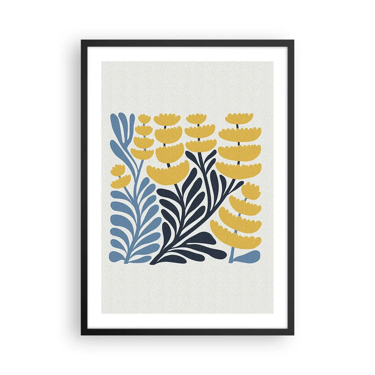 Plakat w czarnej ramie - Stylizowane żółte i granatowe kwiaty w minimalistycznym stylu - 50x70cm - Słoneczna rabata - Nowoczesna dekoracja ścienna do salonu i sypialni ARTTOR