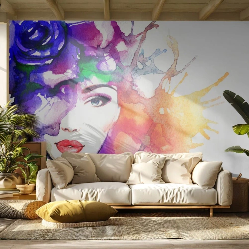 Fototapeta Premium Canvas - Portret kobiety w akwarelowych barwach z abstrakcyjnymi plamami - 100x70cm - Z głową w chmurach - Nowoczesna dekoracja ścienna do salonu i sypialni ARTTOR