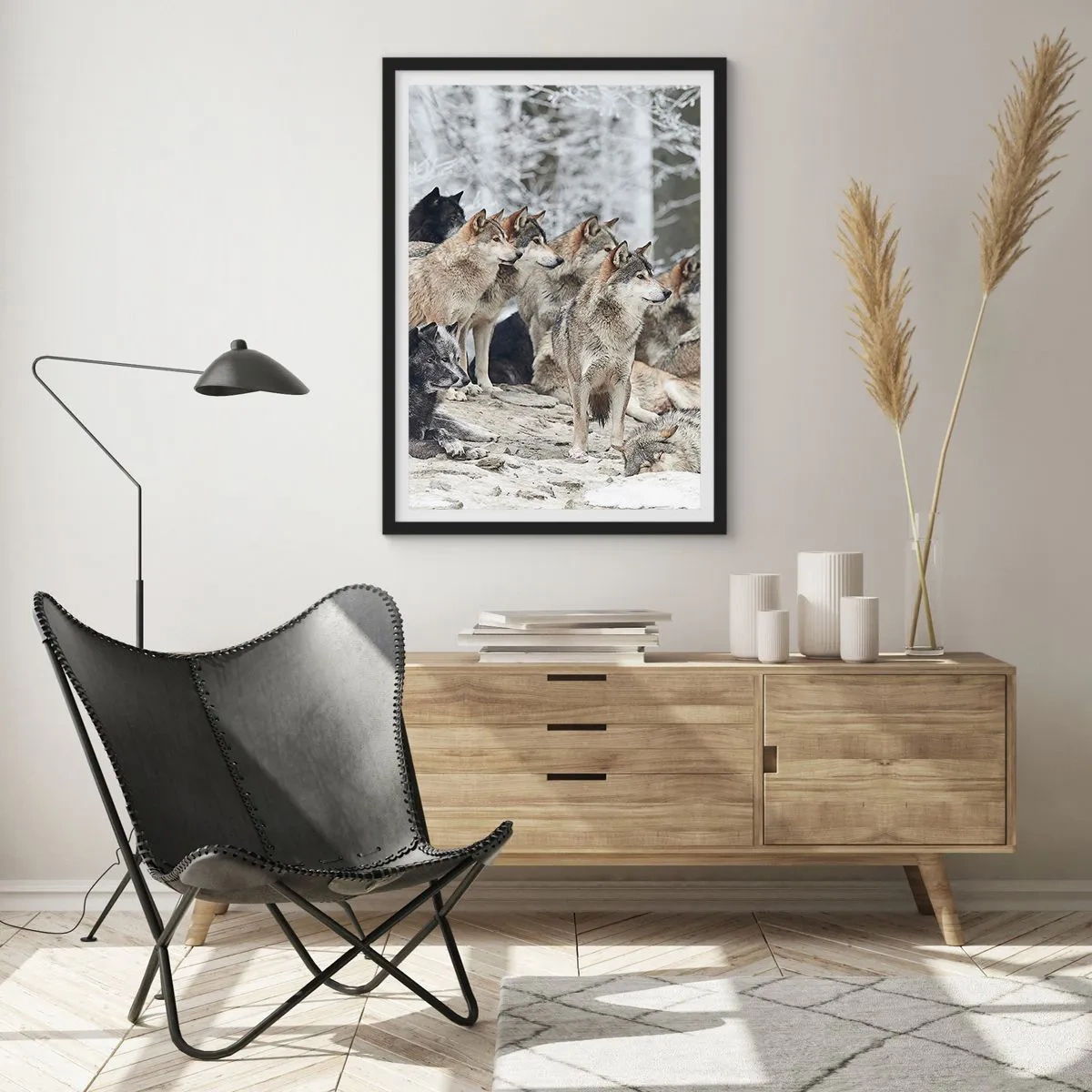 Plakat w czarnej ramie - Grupa wilków w zimowym lesie - 50x70cm - Rodzina i przyjaciele - Nowoczesna dekoracja ścienna do salonu i sypialni ARTTOR