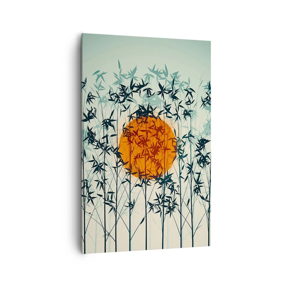 Obraz na płótnie - Pomarańczowe słońce wśród bambusowych gałęzi - 80x120cm - Japońskie słońce - Nowoczesna dekoracja ścienna do salonu i sypialni ARTTOR