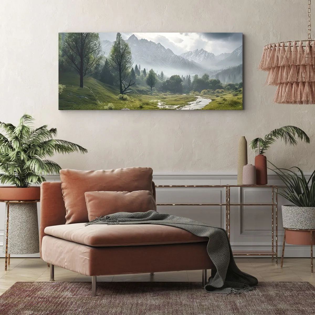 Obraz na płótnie - Górski krajobraz z rzeką i drzewami w otoczeniu mglistych gór - 140x50cm - Tam i z powrotem - Nowoczesna dekoracja ścienna do salonu i sypialni ARTTOR