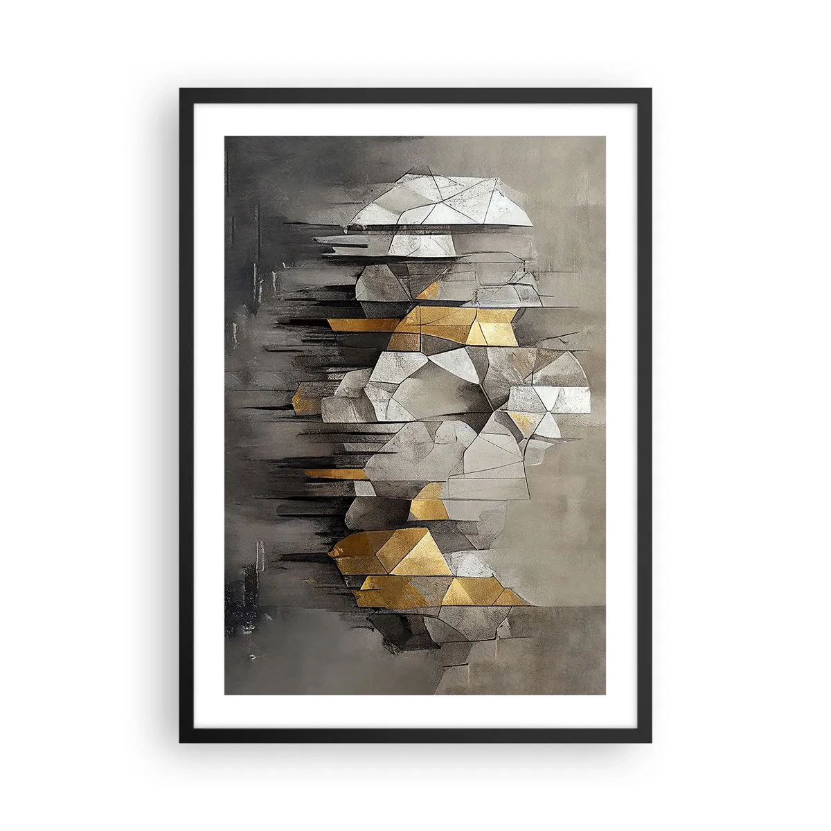 Plakat w czarnej ramie - Geometryczna abstrakcja w odcieniach szarości i złota - 50x70cm - Kompozycja z lodu i światła - Nowoczesna dekoracja ścienna do salonu i sypialni ARTTOR