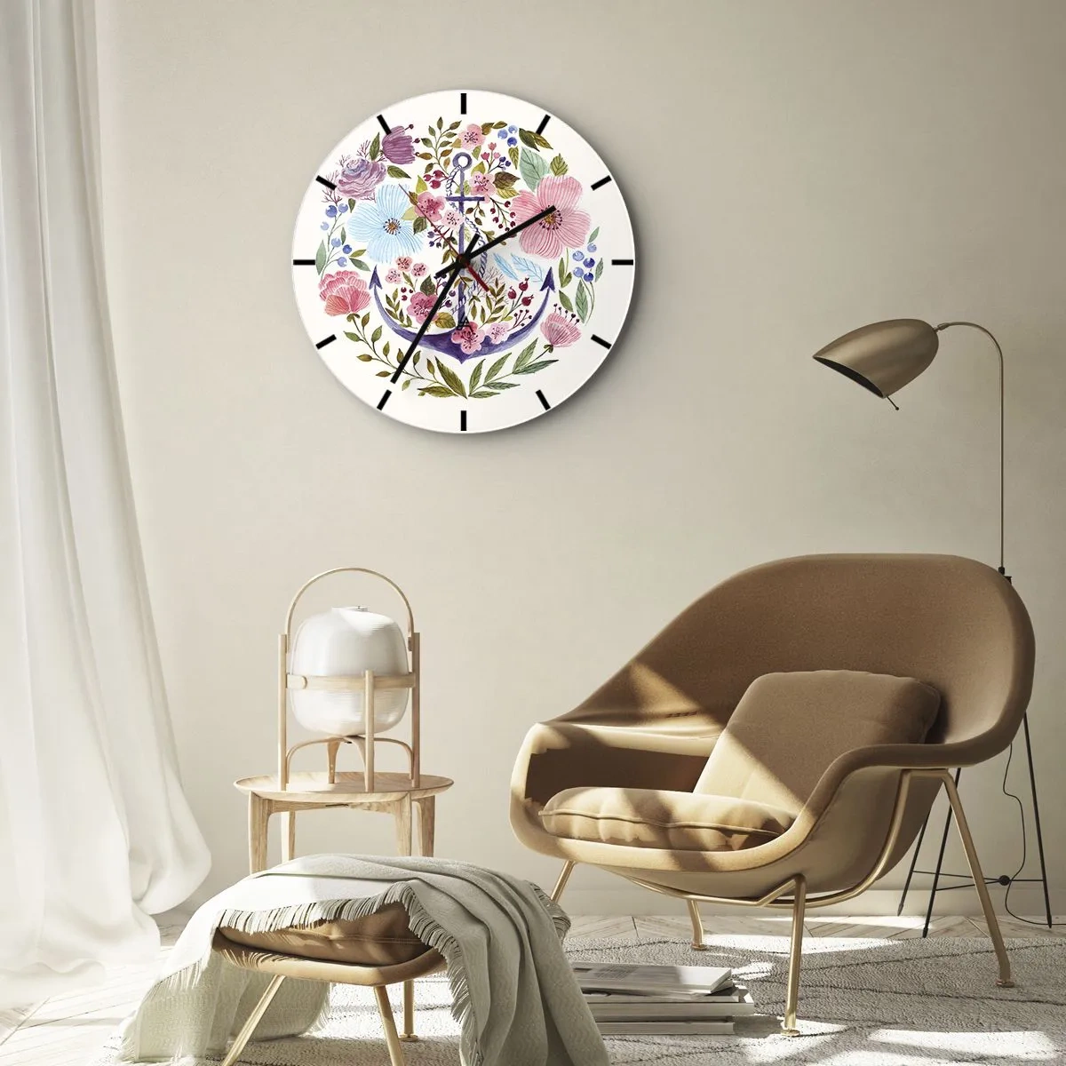 Zegar ścienny - Fioletowa kotwica otoczona kolorowymi kwiatami - 30x30cm - Dobry sen żeglarza - Nowoczesna dekoracja ścienna do salonu, kuchni i sypialni ARTTOR