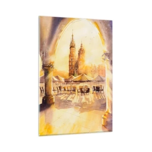 Obraz na szkle - Akwarelowy widok na krakowski rynek o wschodzie słońca z perspektywy Sukiennic - 80x120cm - Wschód nad krakowskim rynkiem - Nowoczesna dekoracja ścienna do salonu i sypialni ARTTOR