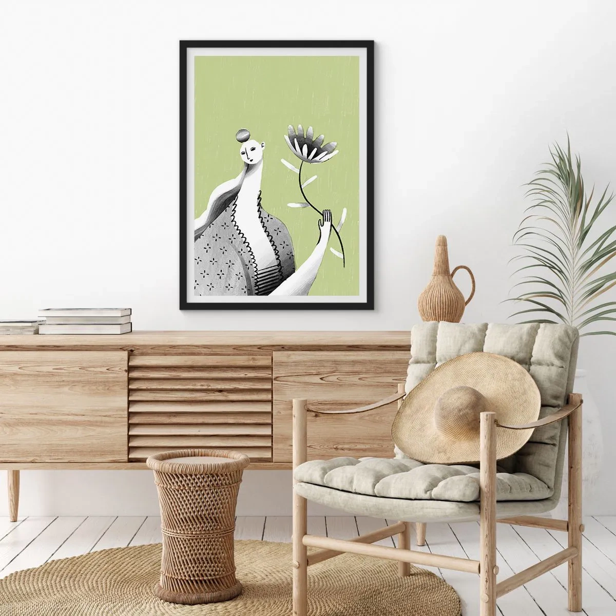 Plakat w czarnej ramie - Minimalistyczna kobieta trzymająca kwiat na zielonym tle - 50x70cm - Portret modernistyczny – trzymająca kwiat - Nowoczesna dekoracja ścienna do salonu i sypialni ARTTOR