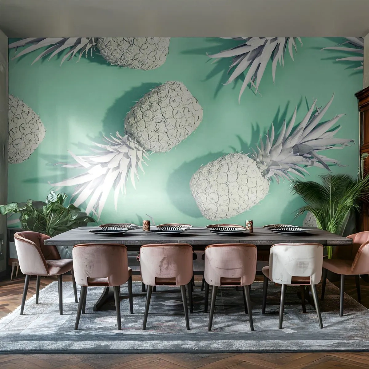 Fototapeta Premium Sand - Stylowe ananasy na pastelowym tle - 100x70cm - świetnie komponują się z miętą - Nowoczesna dekoracja ścienna do salonu, kuchni i sypialni ARTTOR
